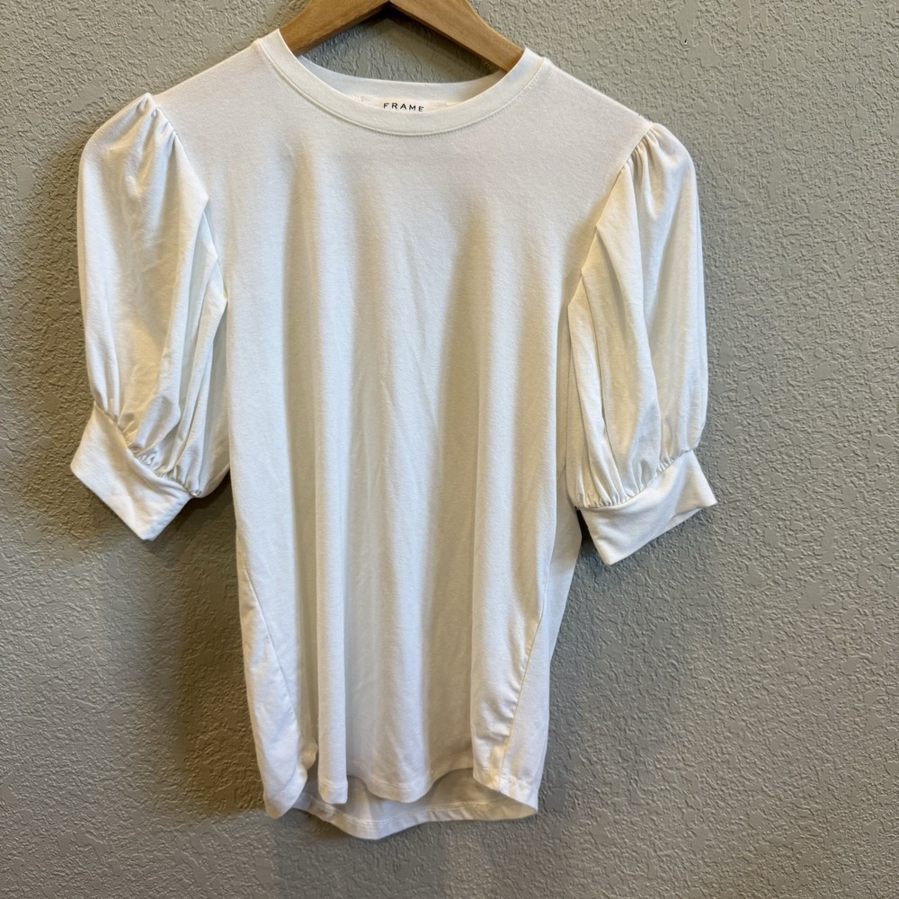 FRAME Top Puff Sleeve White V-Neck Viscose Stretch Minimalist Small